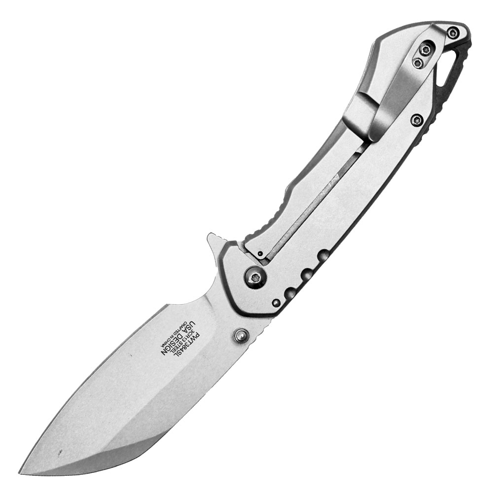Assisted Open Folding Pocket Knife, Silver Handle w/ Black Accents view 2